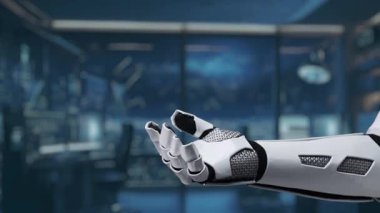 Robotik bir el, modern perakende ortamlarında teknoloji ve e-ticaretin entegrasyonunu sembolize eden dijital alışveriş ikonları koleksiyonuna doğru uzanır. Auvana