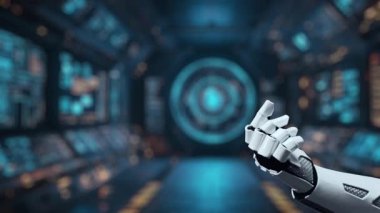 Bir robotik el ileri doğru uzanıyor, geleceksel bir ortamda üretken yapay zeka ve veri görselleştirmeleri kavramları sunuyor, teknoloji ve yeniliğin kesişimini gösteriyor. Auvana