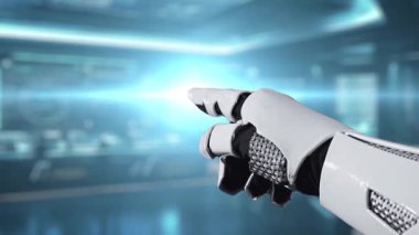 Bir robot el yüksek teknoloji kontrol odasındaki dijital yapay zeka arayüzü ile etkileşime girer, ileri teknolojiyi ve yapay zeka entegrasyonunun geleceğini gösterir. Auvana