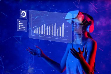 Bir kadın, interaktif grafik ve grafiklerle büyük verileri, analitiği ve finansal anlayışları incelerken, kozmik görsellerle çevrili sanal gerçeklik kulaklığıyla meşgul olur. XDMCP