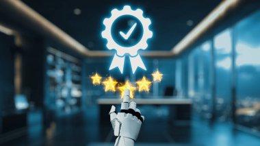 Robotik bir el modern bir ofiste sertifika rozeti ile dijital beş yıldızlı bir puana ulaşarak, kaliteyi ve teknolojinin ticari başarı üzerindeki etkisini sembolize ediyor. Auvana