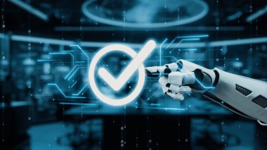 Yüksek Teknolojik Çevre Onaylama ve Başarılı Süreçlerin Doğrulanmasını Sembolize eden Dijital Kontrol İzi ile Gelecekçi Robot El Etkileşimi. Auvana