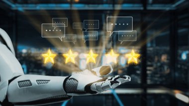 Bir robotik kol, yüksek teknolojili dijital manzarada kullanıcı geribildirimi ve memnuniyeti temsil eden gösterişli bir şehir zeminine karşı beş parlayan yıldız sergiliyor. Auvana