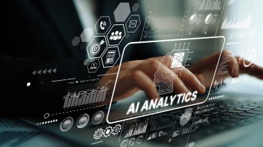 Fütüristik Veri Görselleştirmeleri ve Dijital Arayüz Elementleri ile Yapay Zeka Analizlerine Bağlı İş Profesyoneli. Asemptotik akıllı veri analitiği.