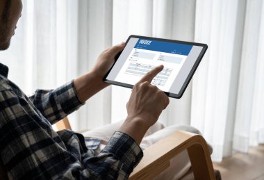 Muhasebe uygulamasından gelen fatura bilgisayar ekranında. Şirket işlerinin finans ve bütçesi için bilgisayar programı. Rahatça..