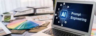 İç tasarımcı çalışma masası ve dizüstü bilgisayar ekranında renk seçimi için renkli kumaş kumaşlar ve ortam malzemesi içeren mimari yazılım. Modern iç tasarım ofisi. İçgörü