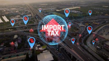 İthalat Vergisinin Dijital Konsepti ve Şehir Altyapısı Altyapısının Grafik Temsili Ticaret ve Ekonomi Tarife Sonuçlarını Vurguluyor. Sevkiyat.