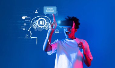 Sanal gerçeklik gözlüklü bir kullanıcının yapay zeka ve sanal asistan teknolojisini temsil eden dijital elementlerle etkileşimini gösteren canlı bir görüntü. XDMCP