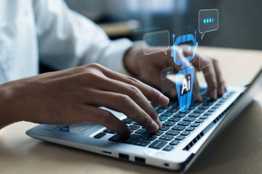 Yapay zeka sanal asistanı Chatbot ile yapay zeka konsepti ile insan etkileşimi, yapay zeka mühendisliği, LLM yapay zeka derin öğrenimi iş desteği için üretken yapay zeka kullanımı. FaaS