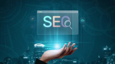 SEO görünürlüğünü geliştirmek için SEO konsepti, SEO ile ilgili dijital araçlar ve SEO performans simgeleri stratejik pazarlama için odaklanmış bir planda gösteriliyor. Muxer