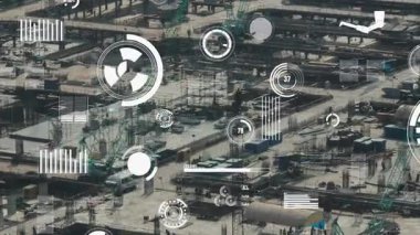 Otomasyon konseptini ve uzaktan kablosuz makine kontrolünü gösteren bir bilgisayar yazılımında fütüristik HUD kullanarak inşaat teknolojisi konsepti üzerinde değişiklik grafiği içeren konsept .