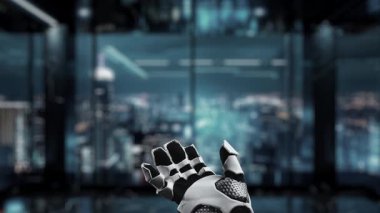 Fütürist robotik el arayüzleri dijital güncelleme ekranıyla, teknolojik gelişmeleri ve kentsel ortamlar içindeki makinelerin entegrasyonunu vurguluyor. Auvana