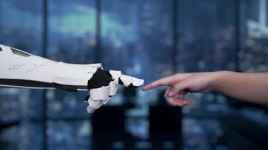 Robotik kol ve insan eli arasındaki dinamik etkileşim bulut teknolojisini simgeler ve kurumsal bir ortamda veri yönetimi ve otomasyonu temsil eder. Auvana