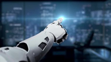 Robotik bir el, modern teknoloji kavramları sergilenen sofistike bir ofis ortamında veri yüklemesini ve dijital bağlantıyı sembolize eden neon mavisi bir bulut grafiğine işaret eder. Auvana