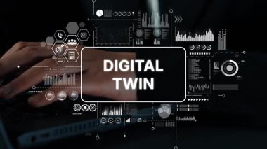 Modern Teknolojide Görselleştirme ve Profesyonel Ayarlarda Eller Klavyede Elle Dijital İkiz Kavramı. Asemptotik akıllı veri analitiği.