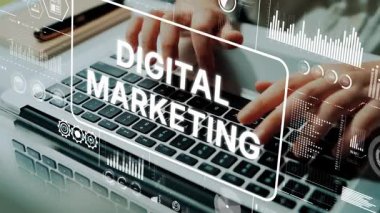 Dijital Pazarlama Grafikleri ve Analitik Görselleri olan bir Laptop Klavyesine Odaklanmış Eller Yazıyor. Asemptotik akıllı veri analitiği.