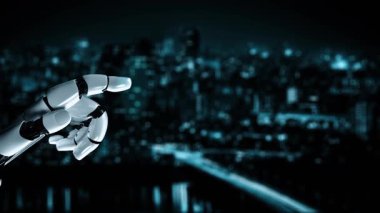 Gelecekçi robot yapay zeka yapay zeka yapay zekayı aydınlatıyor ve makine öğrenme kavramını geliştiriyor. İnsan hayatının geleceği için küresel robot biyonik bilim araştırması. 3B görüntüleme grafiği.