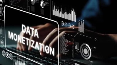 Modern Dijital Çalışma Alanında Veri Parasal Grafikleri ve Veri Görselleştirme Elementleri ile Klavyede Yazan Eller. Asemptotik akıllı veri analitiği.
