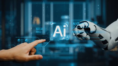 Bir insan eli yapay zeka teknolojisini gösteren robotik bir ele uzanıyor, gelecekteki dijital çalışma ortamında insanlar ve makineler arasındaki etkileşimi sembolize ediyor. Auvana