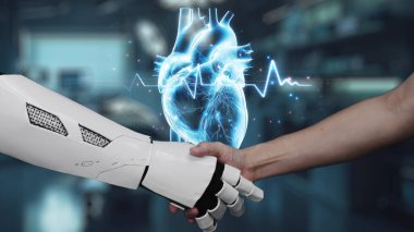 Robot ellerin ve insan ellerinin kalp hologramıyla el sıkışması. Yapay zeka ve insan birlikte çalışabilir ya da bulanık laboratuarlı kalp hologramıyla anlaşma yapabilir. Takım çalışması. Sağlıklı..