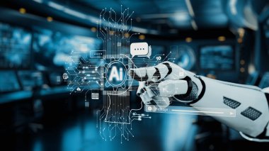 Fütürist bir robot el, teknolojinin ve yeniliğin dijital çalışma alanına entegrasyonunu sembolize eden yapay zeka arayüzüne işaret ediyor. Auvana