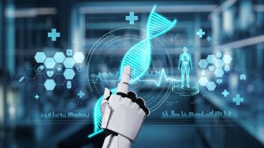 Tıbbi verilere ya da teşhis semptomlarına erişmek için robot ellerle DNA hologramına tıklayın. Yapay zeka semptomları analiz ederken genetik simülasyonda robot el kontrolü. Sağlıklı..