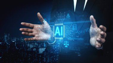 Parlak mavi çizgileri olan yapay zeka mikroçipi, uyarı sembolleri, veri tabloları ve ikili kodlarla çevrili, etik yapay zeka, yapay zeka yönetimi ve veri bütünlüğünü temsil eden Vouch