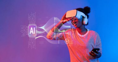 Genç bir kadın, yapay zeka ve veri analizlerinin entegrasyonunu canlı ve renkli bir ortamda sergileyerek sanal gerçeklik teknolojisine aktif olarak bağlanıyor. XDMCP