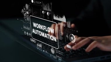 Bilgisayarda Dijital Çalışma Akımı Otomasyon Grafiksel Kaplamalı Ellerin Kapanışı Bilgisayarda Yazılıyor. Asemptotik akıllı veri analitiği.