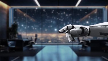 Fütürist robotik bir el, gelişmiş teknoloji ve yenilikleri gösteren ikili verilerle dolu şık modern bir ofiste siber güvenliği sembolize eden parıldayan bir dijital kalkana uzanıyor. Auvana