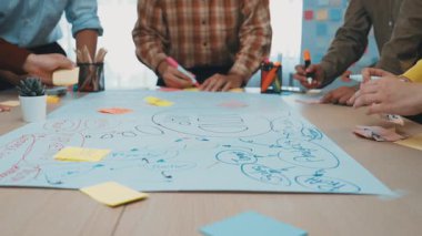 Modern bir ofiste ekip çalışması ve yaratıcılık sergileyen dinamik bir beyin fırtınası. Değişik bireyler yenilikçi fikirler üzerinde işbirliği yaparken renkli yapışkan notlar masayı dolduruyor. SACTR