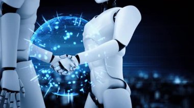 3D rendering hominoid robot handshake to collaborate future technology development by AI thinking brain, artificial intelligence and machine learning process for 4th industrial revolution.