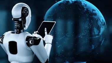 AI robot huminoid uses cloud computing technology to store data on online server . Futuristic concept of cloud information storage analyzed by machine learning process . 3D rendering .