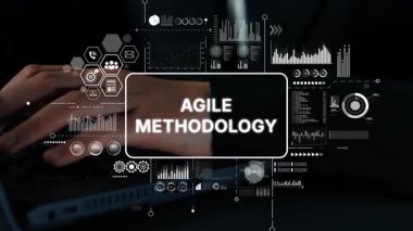 Analitik Grafikler ve Veri Görselleri ile çevrili Klavyede Eller Yazılı Dinamik Agile Metodoloji Kavramı. Asemptotik akıllı veri analitiği.
