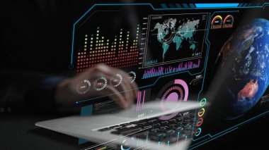 Dünya çapında dijital iletişimi, veri alışverişini ve internet bağlantısını gösteren yüksek teknolojili küresel ağ bağlantı arayüzü. Küresel bağlantı, veri etkileşimi ve dünya çapında iletişim. Thunk