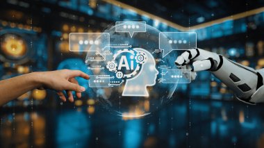Bir insan eli ve robotik kol, modern dijital ortamda insanlar ve teknoloji arasındaki işbirliğini sembolize eden parlayan bir yapay zeka sembolüne yaklaşır. Auvana