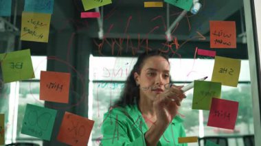 Zeki, profesyonel İspanyol iş kadınının portresi renkli yapışkan notlarla cam tahtaya pazarlama fikirleri yazıyor. Genç yönetici, analiz iş planının zihin haritasını çiziyor. - Yakın çekim. Yönlendirici.