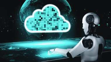 AI robot huminoid uses cloud computing technology to store data on online server . Futuristic concept of cloud information storage analyzed by machine learning process . 3D rendering .