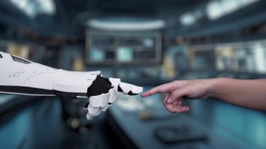 Modern bir çalışma alanı dijital iletişim arayüzü sergiliyor. Bir robot el insan parmağına uzanıp teknolojideki yeniliği ve etkileşimi sembolize ediyor. Auvana