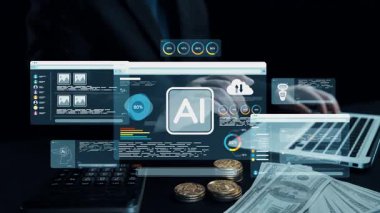 Bu resim, ekoloji ve yenilenebilir enerji unsurlarını dijital grafiklerle birleştiren ve finansal planlamada sürdürülebilirliği vurgulayan modern bir finans kavramını sergiliyor. Dörtgen