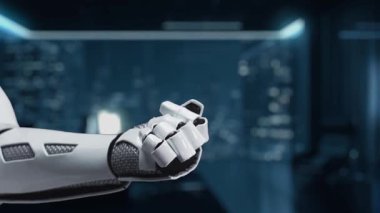 Pürüzsüz bir robot el, teknoloji ikonlarıyla dolu bir bulut arayüzüne işaret ediyor. Modern çalışma alanı ortamında veri transferi ve yapay zeka kavramları sergiliyor. Auvana