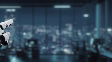 Bir robotik kol, şık bir ofiste, gelişmiş teknoloji ve yenilikçi iş çözümleri sunan sanal bir pazarlama stratejisiyle etkileşim halindedir. Auvana