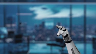 Küresel bir ağın dijital temsilini gösteren robotik bir kol, çağdaş bir çalışma alanı ortamında teknoloji ve yeniliğin bağlantısını gösteriyor. Auvana