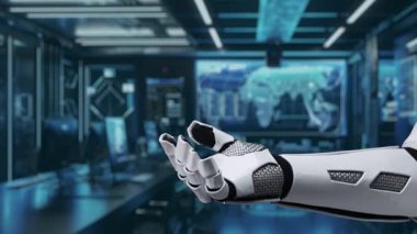 Bir robot el, modern ortamlarda teknoloji ve insan etkileşiminin kesişimini gösteren hedef çemberin içindeki insan simgelerinden oluşan canlı bir hologram sergiliyor. Auvana