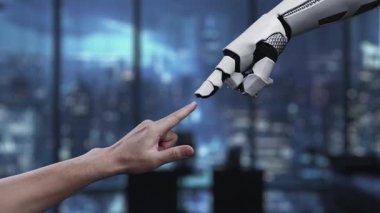 Küresel bağlantı ve işbirliğini vurgulayan insan-robot etkileşiminin sembolik bir temsili. Sahne, ileri teknolojili bir ofis ortamını tasvir ediyor. Auvana