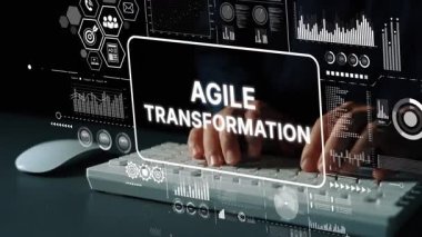 Çevik Dönüşüm Konseptini Gösteren Fütüristik Arayüzlü İş Profesyonel Daktilo. Asemptotik akıllı veri analitiği.