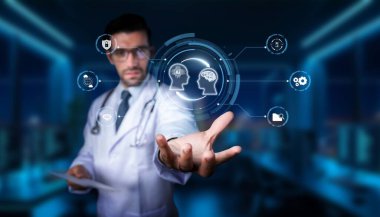 Modern bir doktor, gelecek merkezli bir tesiste yapay zeka ve tıbbi bilginin etkileşimini vurgulayan ileri teknoloji sergiliyor. PHMT