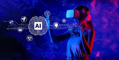 Bir kadın sanal gerçeklik kulaklığı takarak canlı bir dijital alanı keşfediyor. Görüntü, yapay zeka ve yenilikçi teknoloji kavramını temsil ediyor. XDMCP