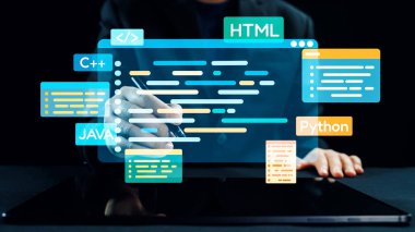 HTML, ve C. Qubit gibi çeşitli kodlama dillerini gösteren sanal bir arayüzle etkileşen bir programcının yaratıcı bir temsili.