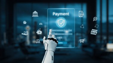 Robotik bir el, gelecekteki sanal ödeme ekranı ile etkileşime girer, kentsel bir ortamda dijital ödeme ikonları ve güvenlik özellikleri gösterilerek yeniliği sembolize eder. Auvana